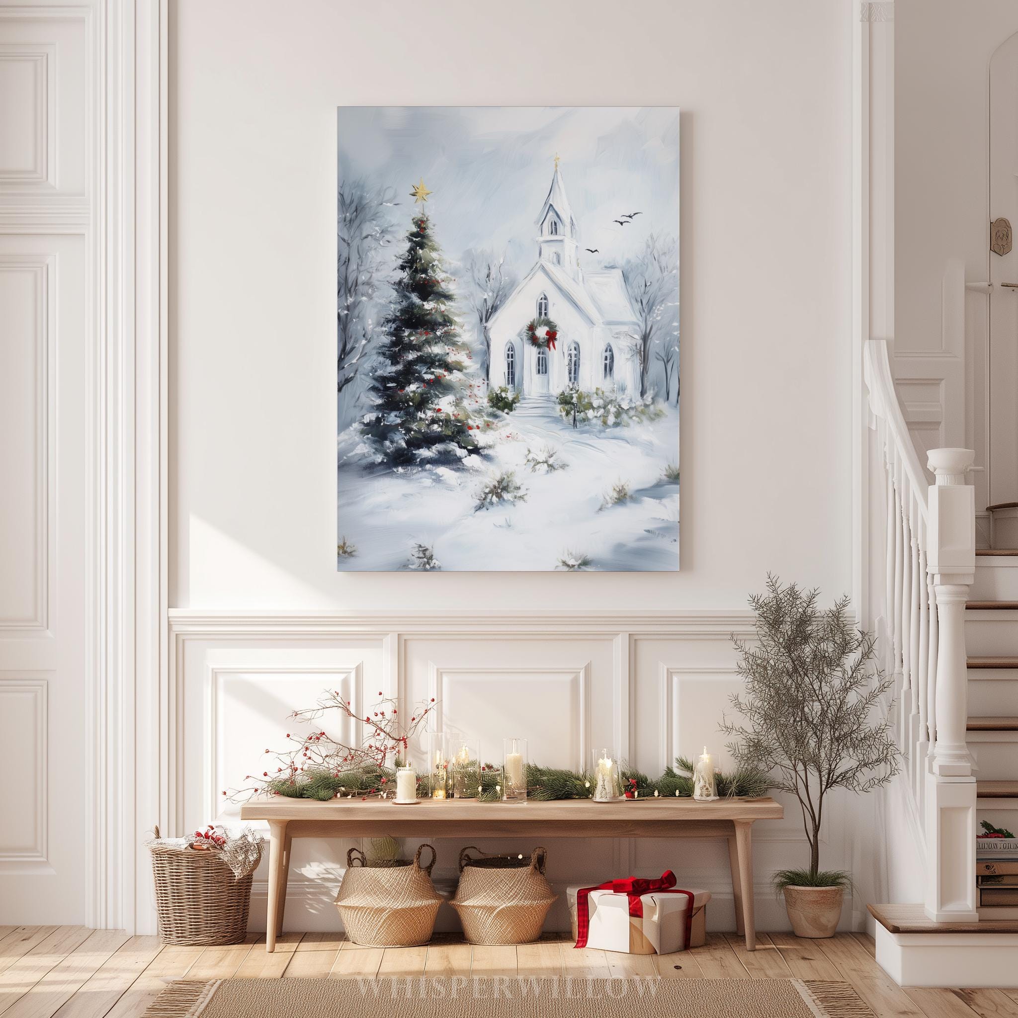 雪の降るクリスマス教会のキャンバス壁アート - 冬の休日の風景、魔法