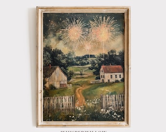 Vintage Fireworks Farmhouse Digital Art, PRINTABLE Download, Rustic Country American Wall Decor, Independence Day, Rural Barn 4th of July