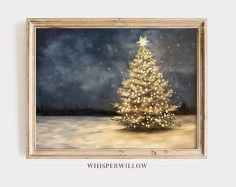 Glowing Christmas Tree Under Starry Sky Digital Painting, PRITNABLE Download, Snowy Holiday Home Decor, Festive Lights Winter Wall Art