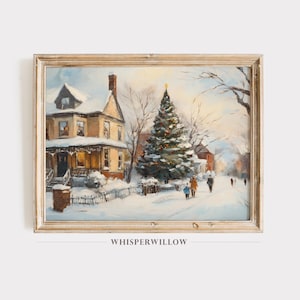 Vintage Christmas Village Scene Painting, Digital Printable Download, Festive Holiday, Snowy Art, Victorian Winter Wonderland Wall Decor