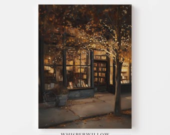 Puede incluir: Una pintura digital del exterior de una librería de noche con luces doradas cálidas que brillan desde las ventanas e iluminan las ramas de los árboles. La escena muestra una acera, un gran árbol y un escaparate con estanterías visibles.
