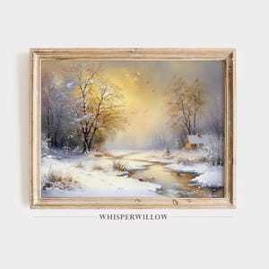 May include: A painting of a snowy winter scene with a small cabin in the distance. The painting features a winding stream, trees covered in snow, and a golden sunset in the background.