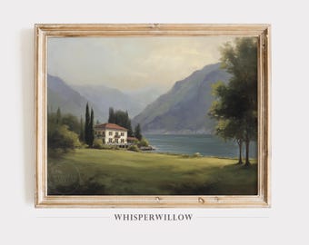 Italian Lakeside Villa Art - Digital PRINTABLE Download, Lake Como Landscape, Serene Mediterranean Home Decor, Vintage European Coastal