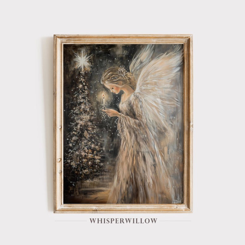 May include: A painting of an angel with wings, wearing a white gown, holding a lit candle in front of a Christmas tree. The background is dark with a starry sky.