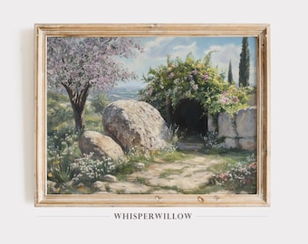 Jesus Empty Tomb Art - PRINTABLE Download, Easter Christian Wall Art, Faith Resurrection, Spiritual Farmhouse, Floral Scene