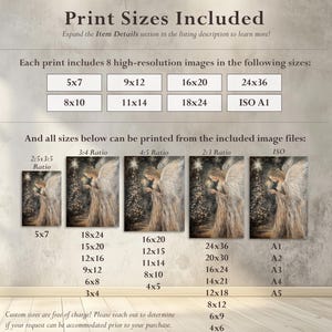 May include: A chart showing different print sizes available for an image of an angel with a star above her head. The sizes are listed in inches and include 5x7, 8x10, 9x12, 11x14, 16x20, 18x24, 24x36, and ISO A1. The chart also includes sizes based on different aspect ratios, such as 2:5x3:5, 3:4, 4:5, and 2:3. The ISO sizes are A1, A2, A3, A4, and A5.