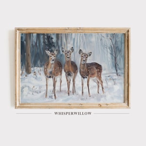Precious Deer Winter Landscape Painting, Digital Printable Download, Snowy Deer Art Print, Winter Wall Decor, Instant Print