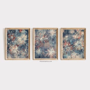 Patriotic Fireworks Digital Art Set of 3, PRINTABLE Download, Independence Day Decor, America USA Lights, Red, White, and Blue, 4th of July