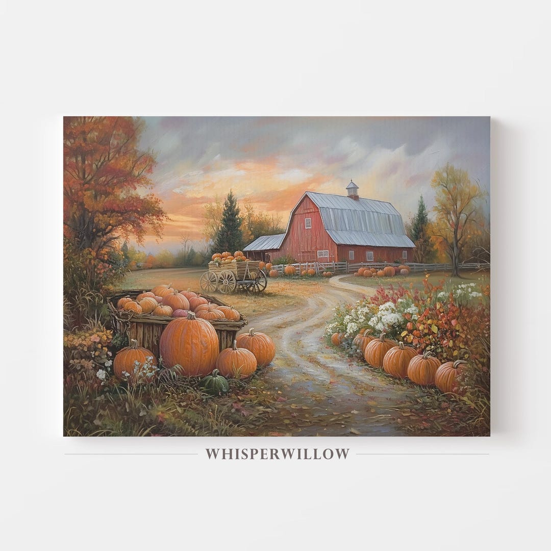 Rustic Red Barn CANVAS Wall Art - Autumn Pumpkin Farm, Seasonal Fall ...