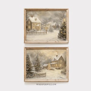 Winter Wonderland Christmas Snowy Cottage Set of Two (2) Prints, Digital Printable Download, Festive Home Holiday Wall Decor