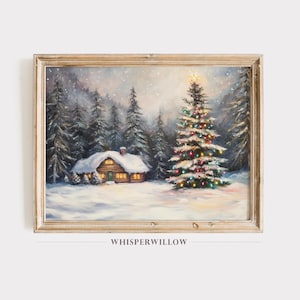 Cozy Cabin Winter Wonderland with Christmas Tree Painting, Digital Printable Download, Festive Holiday, Snowy Landscape Wall Decor