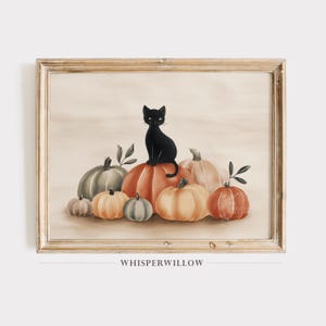 Black Cat Pumpkins Illustration, Digital PRINTABLE Download, Fall Halloween Art, Autumn Country Farmhouse Decor, Cute Seasonal Animal Scene
