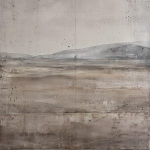 K&ouml;nnte beinhalten: Abstrakter Landschaftskunst-Druck mit einer ged&auml;mpften Farbpalette aus Grau, Braun und Wei&szlig;. Das Kunstwerk zeigt eine strukturierte Oberfl&auml;che mit Spritzern und einer Bergkette im Hintergrund. Der Text "Whisperwillow Studios" befindet sich unten.