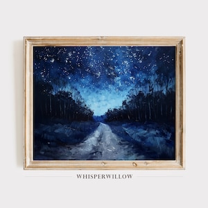 Abstract Forest Starry Night Painting, Digital Printable Download, Vintage Art, Starry Night Sky, Nature Wall Decor, Instant Print