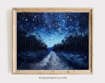 Abstract Forest Starry Night Painting, Digital Printable Download, Vintage Art, Starry Night Sky, Nature Wall Decor, Instant Print