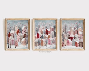 Valentine's Winter Village Set of THREE, Digital PRINTABLE Download, Pink Hearts, Romantic Elegant Home Decor