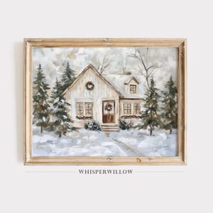 Magical Snowy Winter Cottage Painting, Digital Printable Download, Decorated Cozy Home, Christmas Holiday Landscape Wall Decor