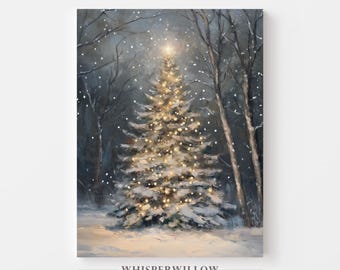 Christmas Tree CANVAS Wall Art - Enchanting Snowy Forest Scene, Magical Season, Whimsical Art, Winter Holiday Home Decor (NOT Real Lights)