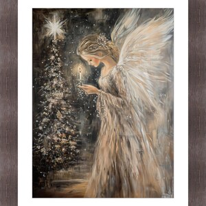 May include: A painting of an angel with large white wings holding a lit candle in front of a Christmas tree with a star on top. The angel is wearing a white gown and has long blonde hair. The background is dark and snowy.