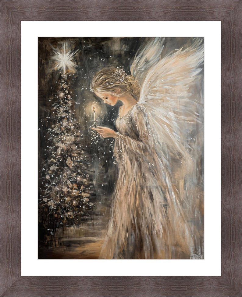 May include: A painting of an angel with large white wings holding a lit candle in front of a Christmas tree with a star on top. The angel is wearing a white gown and has long blonde hair. The background is dark and snowy.