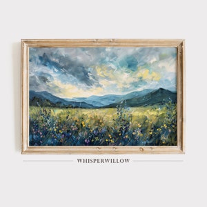 Wildflowers and Mountains Stunning Cool Blue Tones Oil Painting, Digital Print Download, Vintage Spring Decor, Wall Decor, Instant Print