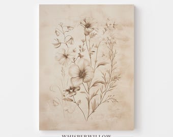 CANVAS Art - Vintage Floral Sepia, Elegant Flower Illustration, Botanical Line Drawing, Elegant Sepia, Rustic Nature Home Wall Decor