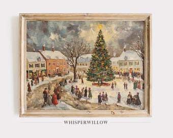Vintage Winter Village Scene - Digital PRINTABLE Download, Christmas Tree and Festive Crowd, Snowy Holiday Landscape Wall Decor