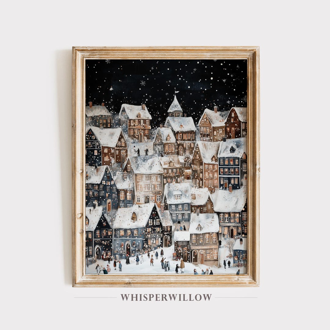 Charming Snowy Village Winter Night Scene Painting, Digital Printable ...