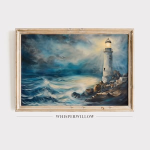 Vintage Lighthouse Painting, Digital Print Download, Moody Colors, Ocean Sea, Maritime Nautical Art, Wall Decor, Instant Print