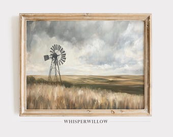 Rustic Windmill Landscape Digital Painting, PRINTABLE Download, Country Farmhouse Wall Art, Modern Prairie, Open Plains, Rolling Fields