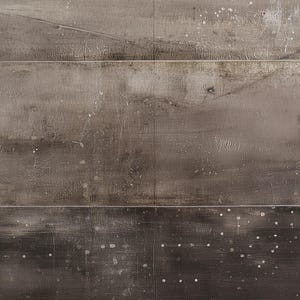 K&ouml;nnte beinhalten: Abstrakte Kunst mit strukturiertem, metallischem Aussehen. Das Werk ist in horizontale Abschnitte unterteilt, mit einer Mischung aus Grau- und Braunt&ouml;nen. Spritzeffekte verleihen der Oberfl&auml;che visuelles Interesse.
