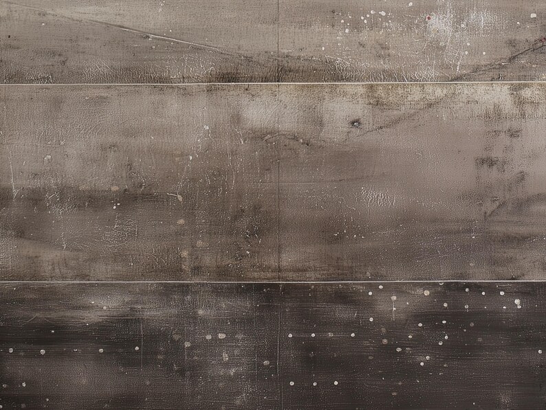 K&ouml;nnte beinhalten: Abstrakte Kunst mit strukturiertem, metallischem Aussehen. Das Werk ist in horizontale Abschnitte unterteilt, mit einer Mischung aus Grau- und Braunt&ouml;nen. Spritzeffekte verleihen der Oberfl&auml;che visuelles Interesse.