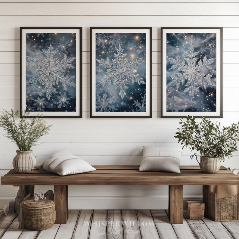 Winter Snowflake Trio Art - SET of 3, PRINTABLE Download, Elegant Frost ...