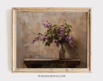 Lilac Branch Still Life Painting, Digital Printable Download, Vintage Botanical Print, Purple Flowers, Elegant Floral Wall Decor