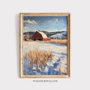 Rustic Winter Barn Digital Painting, PRINTABLE Download, Country Red Farmhouse Landscape Art, Winter Scenery, Snow-Covered Fields Wall Decor