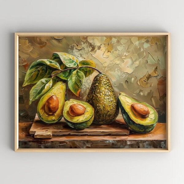 Avocado Still Life Vintage Oil Painting, Digital Printable Art, Kitchen Food Art, Italian European Decor, Wall Decor, Instant Print