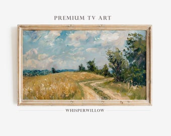 Art du cadre pour téléviseur, téléchargement de peinture numérique Golden Fields, route sinueuse, art de la ferme de campagne, paysage rustique, plaines ouvertes, champs vallonnés