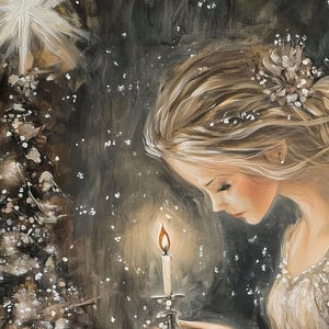 May include: A painting of an angel with long blonde hair holding a lit candle. The angel is wearing a white dress and has a flower crown in her hair. The background is a dark brown with white snowflakes.