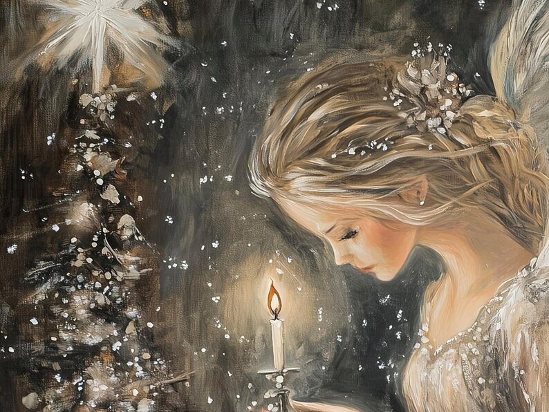 May include: A painting of an angel with long blonde hair holding a lit candle. The angel is wearing a white dress and has a flower crown in her hair. The background is a dark brown with white snowflakes.