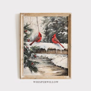 Winter Cardinals on Snowy Bridge Painting, Digital Printable Download, Rustic Christmas Red Bird Wall Art, Holiday Home Decor