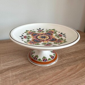 Vintage De Candelaer DC Delft Cake Stand Pedestal Compote Hand Painted Polychrome Floral Dutch Pottery