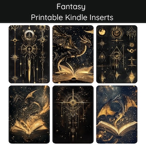 Op de afbeelding: Zes printbare Kindle-inlays met een fantasythema. De afbeeldingen tonen een gouden draak, een boek en verschillende hemelse en geometrische ontwerpen op een zwarte achtergrond.
