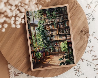 Watercolor Bookshelf Wall Art | Bookish Poster | Gifts for Readers | Book Merch | Books and Plants | Printable Wall Art | Reading Gift
