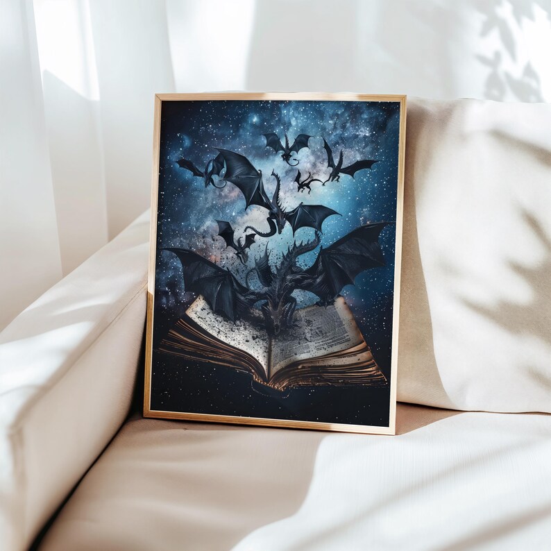 May include: A black dragon emerges from an open book, its wings spread wide against a starry night sky.  Smaller dragons fly around it, creating a magical and fantastical scene.