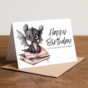 Printable Birthday Card | Happy Birthday Card | Birthday Card with Dragon | Book Worm Card | Bookish Gift | Birthday Card | Digital Download