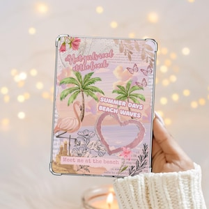 May include: A decorative tablet case featuring a beach theme. The design includes palm trees, a flamingo, butterflies, and the phrases "Hot girls road at the beach", "Summer days beach waves", and "Meet me at the beach". The case has a silver frame.