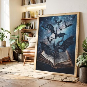 May include: A framed canvas print featuring a fantasy illustration of multiple black dragons emerging from an open book against a starry night sky background.