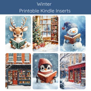 Könnte beinhalten: Sechs druckbare Kindle-Einlagen mit winterlichen Illustrationen. Die Bilder zeigen ein Reh, das ein Buch liest, einen Schneemann, der ein Buch liest, einen Pinguin, der ein Buch liest, und drei verschiedene Buchhandlungsszenen.