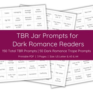 Puede incluir: Un documento PDF imprimible con fondo rosa y texto blanco. El documento contiene una lista de indicaciones para lectores de romance oscuro. El título del documento es "TBR Jar Prompts for Dark Romance Readers". El documento también incluye el texto "150 Total TBR Prompts | 50 Dark Romance Trope Prompts", "Printable PDF | 3 Pages", y "Size: US Letter & A5 & A4".