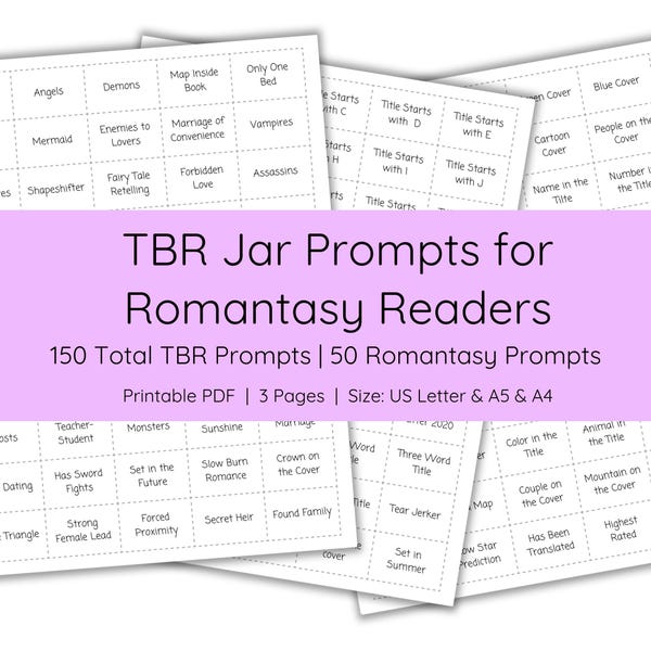 TBR Jar Prompts | Romantasy Reader | TBR Cards | Printable TBR | Reading Challenge | Reading Prompts | Bookish Printable | Bookish Merch